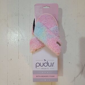 Pudus Carlie Criss Cross Pink and Blue Fuzzy Slippers w Memory Foam